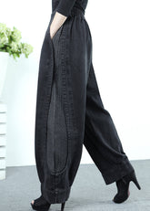Lose Schwarz Grau Patchwork Elastische Taille Denim Crop Hosen Herbst